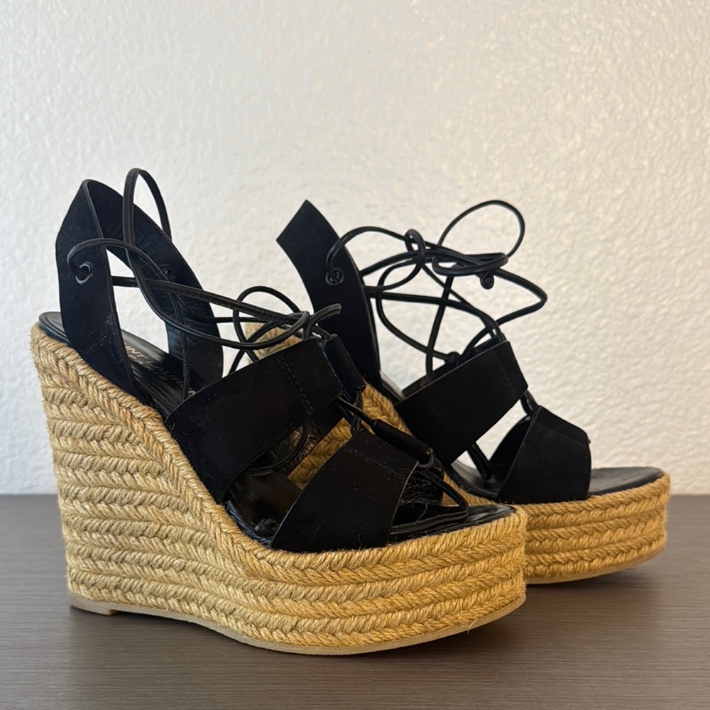Saint Laurent Black and Tan Espadrille Wedge Sandals